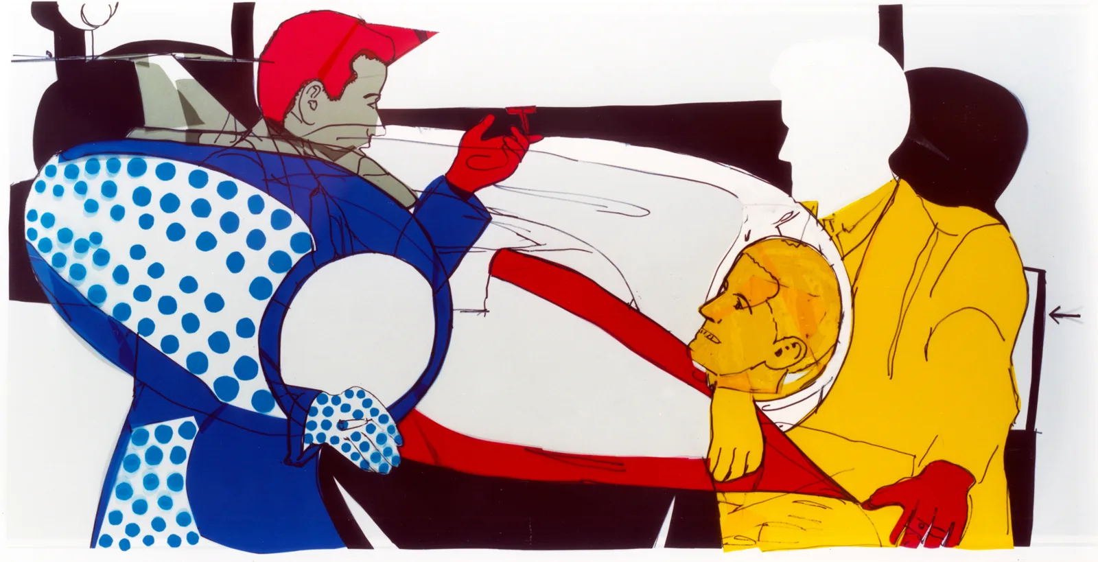 Tête-à-tête (duologue), 1996, h 43.3 x w 78.7 in, collage of adhesive film, marker on drawing polyester
