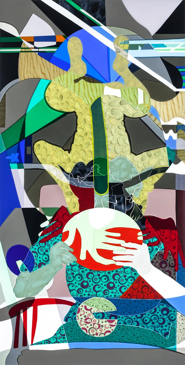 Hanna and Evy in Delft, 1944-I, series #2, 2015, h 152,4 cm x w 76,2 cm, collage of adhesive film on drawing polyester mounted on a lightbox-collage de film adhésif sur dessin polyester monté sur une lightbox-par-international-contemporain-plasticien-artiste-Patrick-Koster-basé-à-Amsterdam-Pays-Bas-Collage de película adhesiva sobre dibujo de poliéster montado en una caja de luz-por-artista-internacional-contemporánea-visual-Patrick-Koster-con sede en Amsterdam-Países Bajos-由国际当代视觉艺术家帕特里克·科斯特（Patrick-Koster）驻阿姆斯特丹的国际灯箱上的聚酯薄膜上的粘合膜拼贴画-ライトボックスに取り付けられたポリエステルを描画する際の接着フィルムのコラージュ-国際コンテンポラリー-ビジュアルアーティスト-パトリック-コスターに基づく-アムステルダム-オランダ