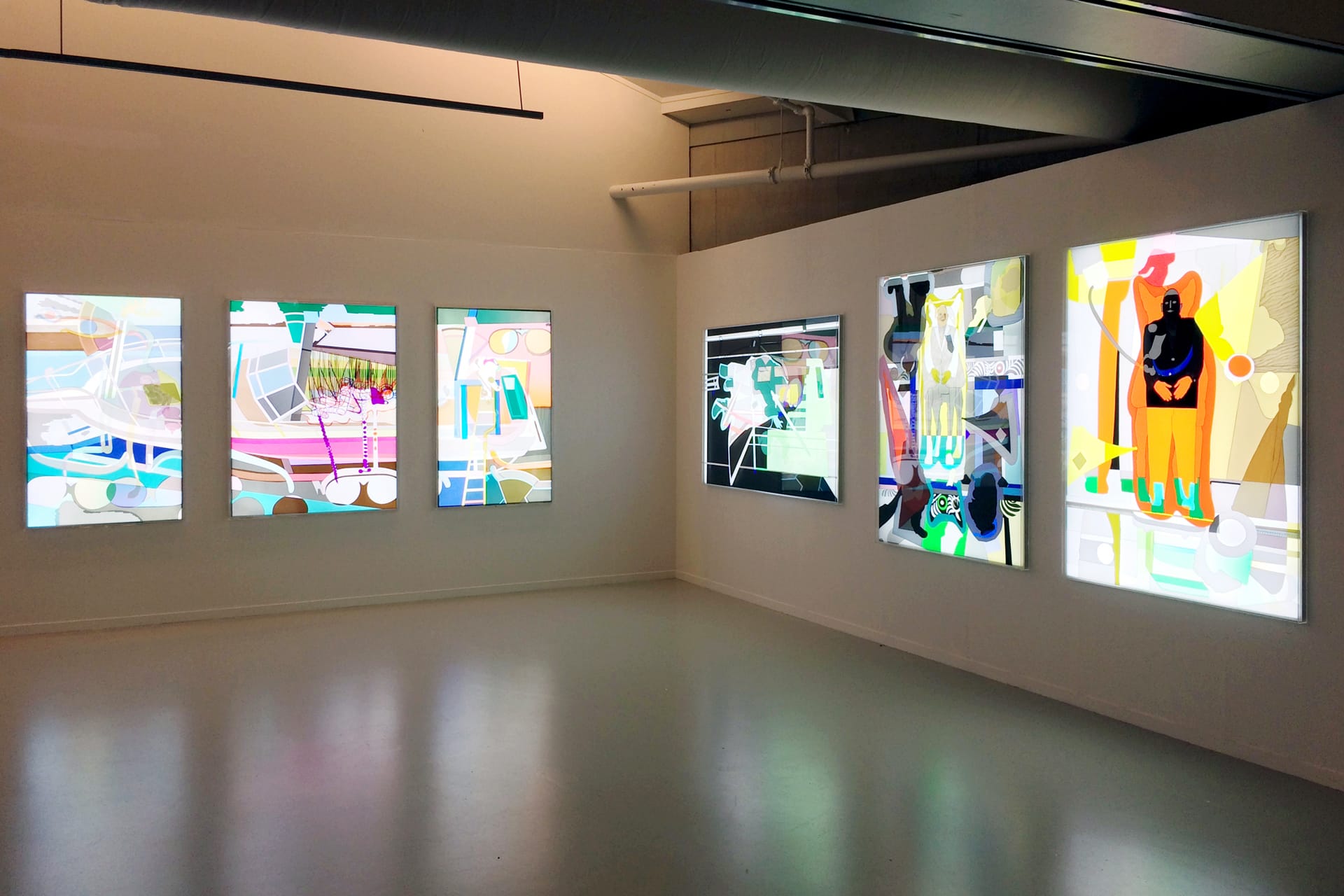 Coda Museum, Beauty of the Battle, exhibition overview, collage of adhesive film on drawing ployester on lightbox work, Patrick Koster