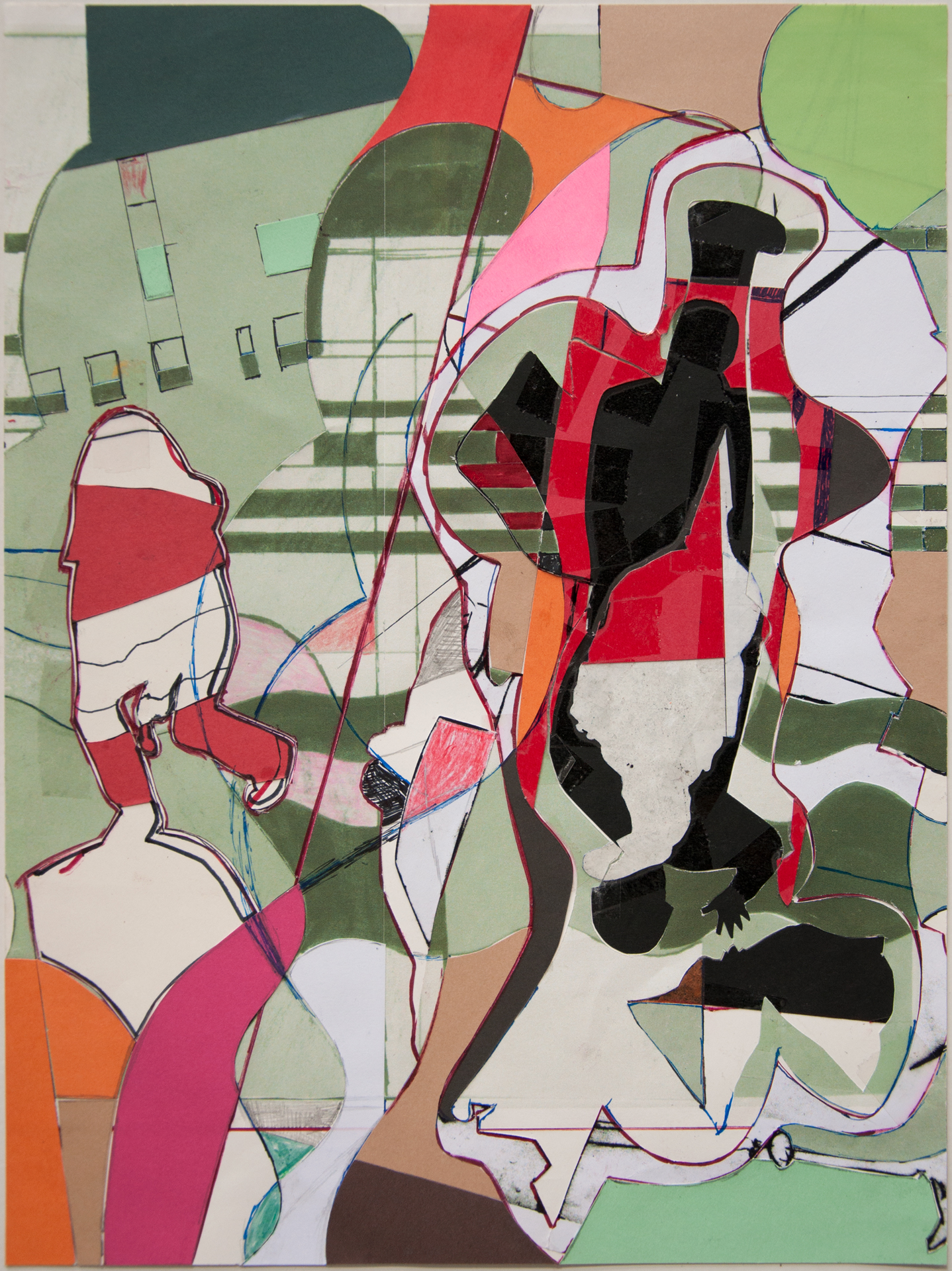 Hand-carved collage and drawing on paper #6442023, 2019, h 13.1 x w 9.8 in, fineliner, felt-tip pen, colored pencil, printed drawing, adhesive tape, paper on paper