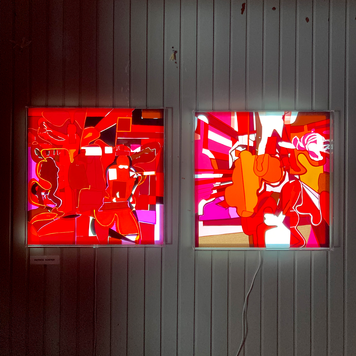 Monochrome collage works on lightbox from the series titled The Vernissage on show at WiHH Gallery Amsterdam