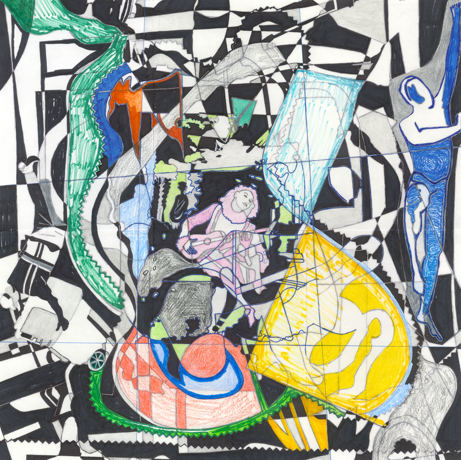 La Fête Galante 16, 2026, h 50 x w 50 cm (h 19.7 x w 19.7 inch), drawing, ballpoint pen, archival ink markers on drawing paper.