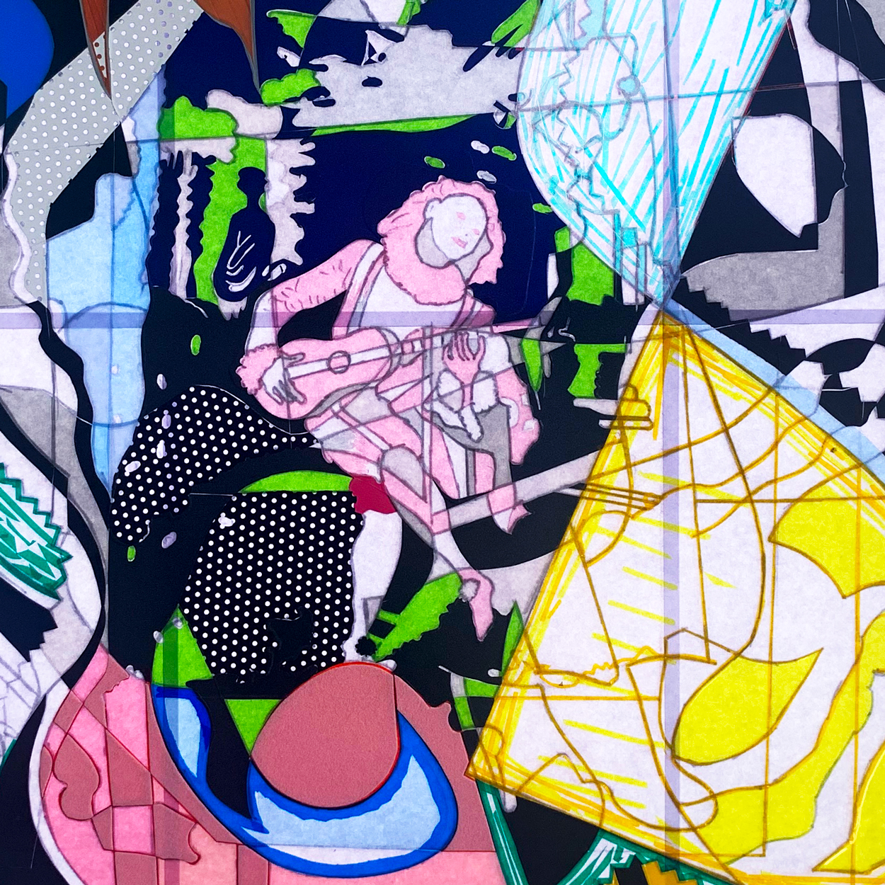 La Fête Galante 17 (detail), 2026, h 50 x w 50 cm (h 19.7 x w 19.7 inch), collage of adhesive film on polyester on lightbox